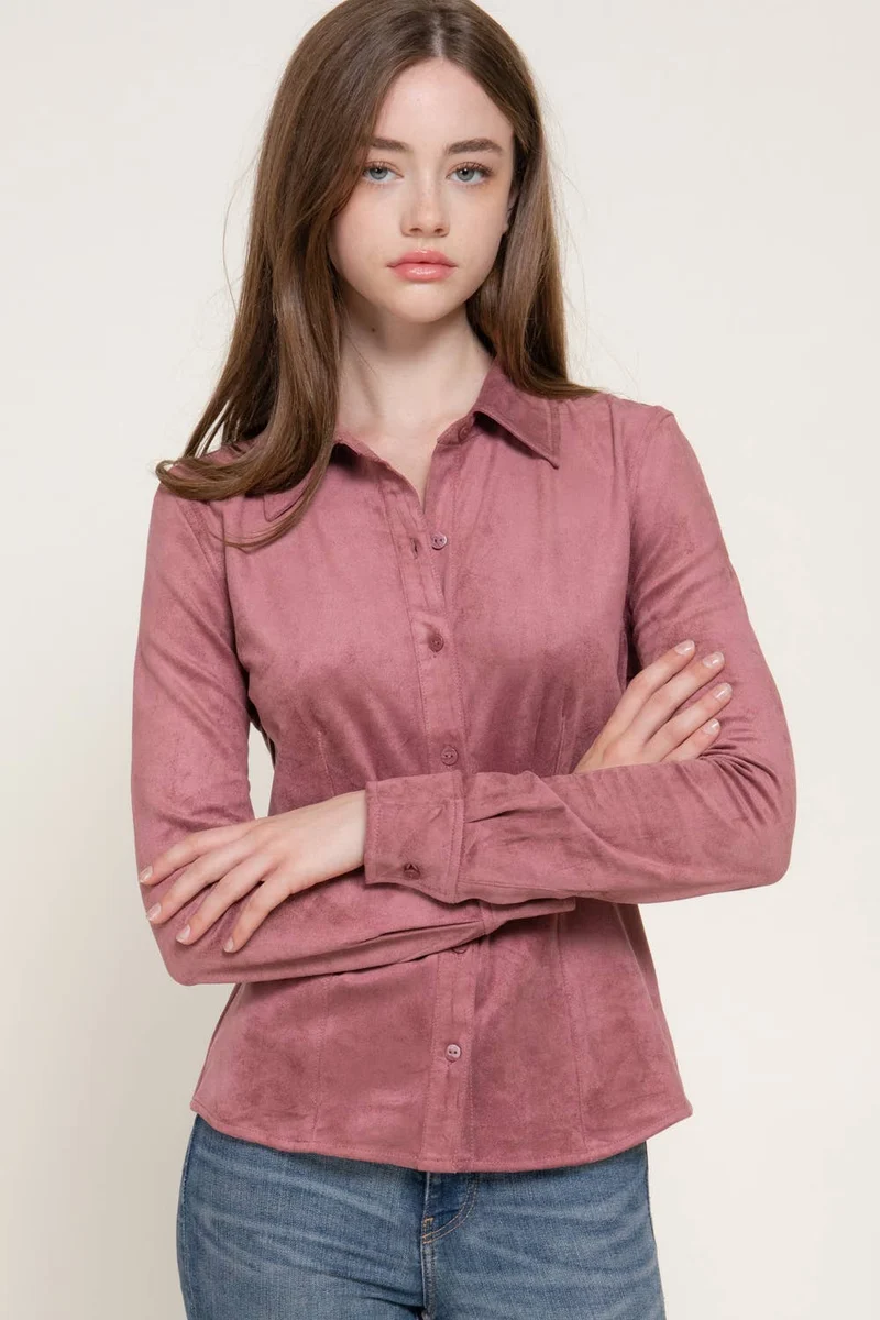 Long Sleeve Button Down Stretch Faux Suede Shirt: TPE-dark beige / L