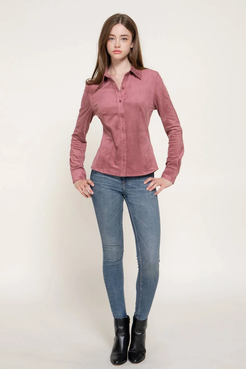 Long Sleeve Button Down Stretch Faux Suede Shirt: TPE-dark beige / L