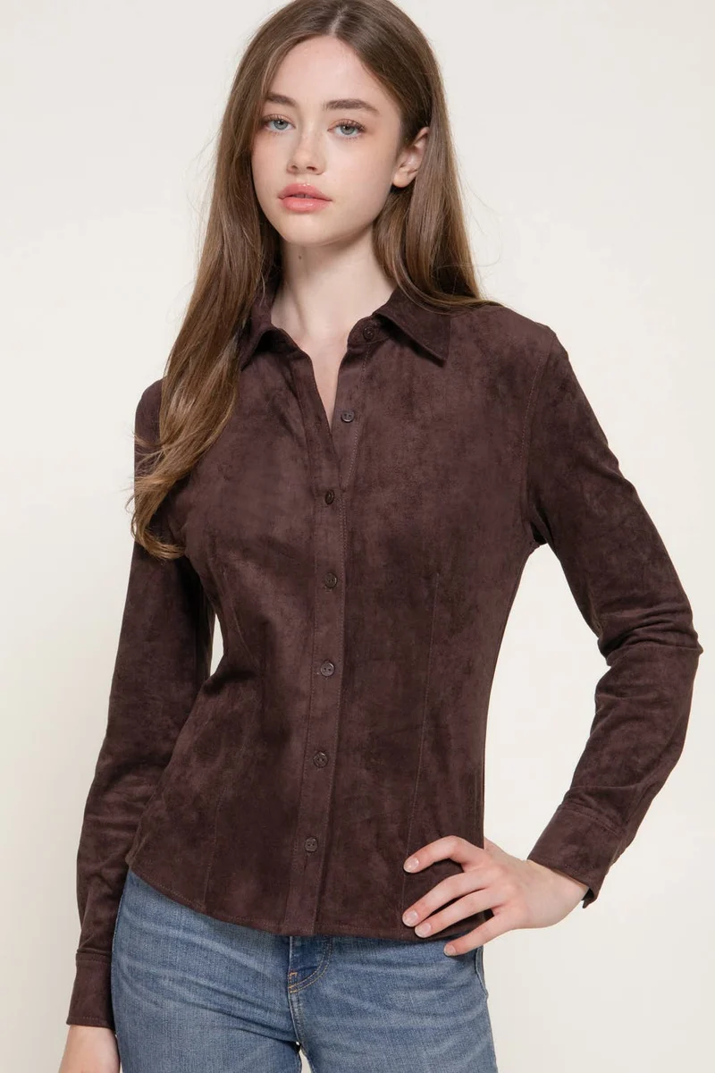 Long Sleeve Button Down Stretch Faux Suede Shirt: TPE-dark beige / L