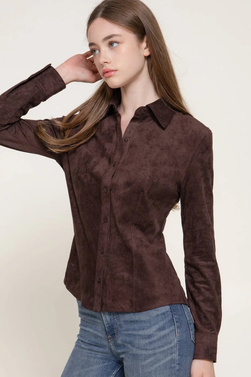 Long Sleeve Button Down Stretch Faux Suede Shirt: TPE-dark beige / L