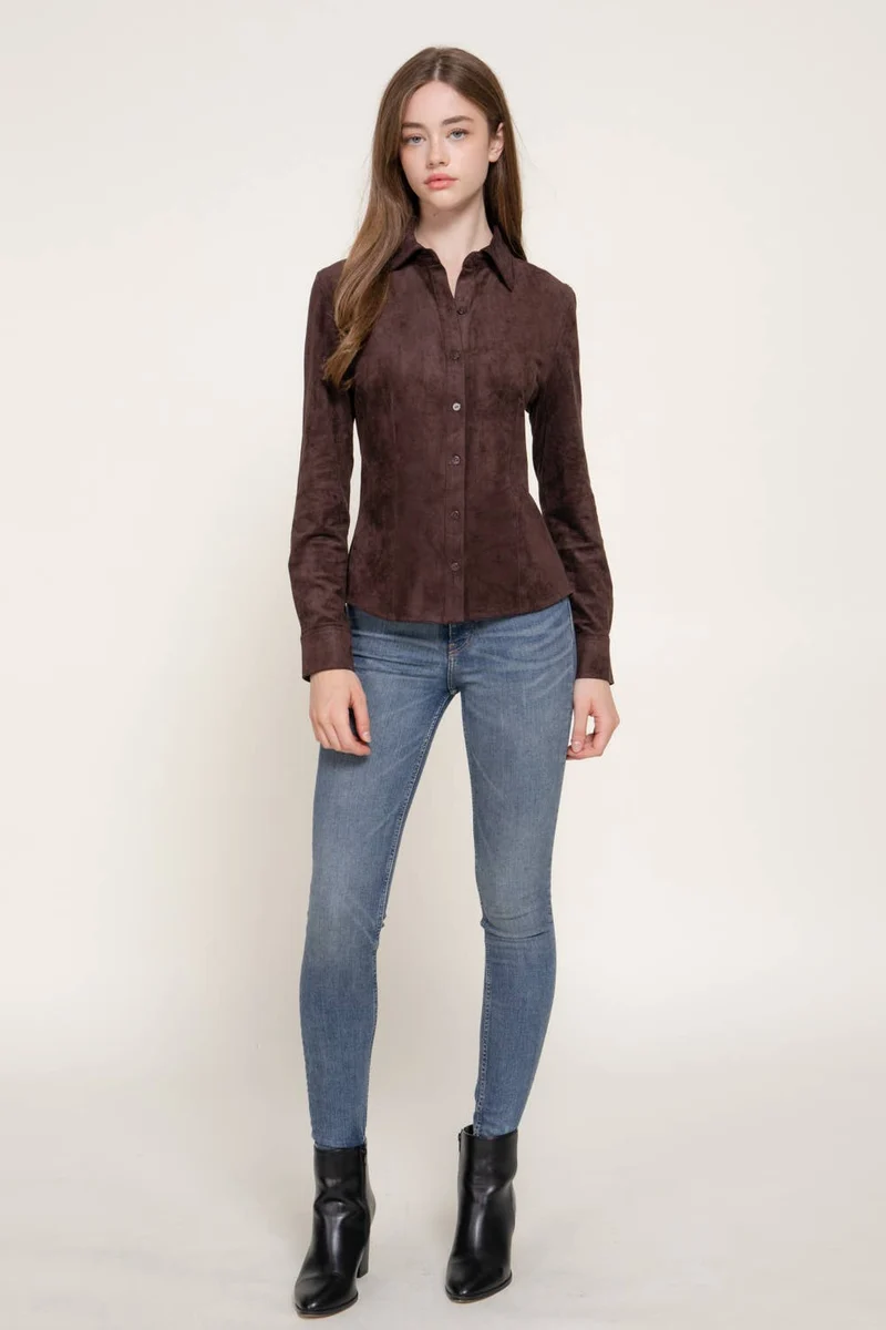 Long Sleeve Button Down Stretch Faux Suede Shirt: TPE-dark beige / L