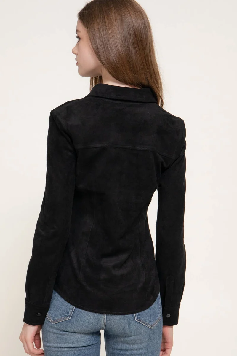 Long Sleeve Button Down Stretch Faux Suede Shirt: TPE-dark beige / L
