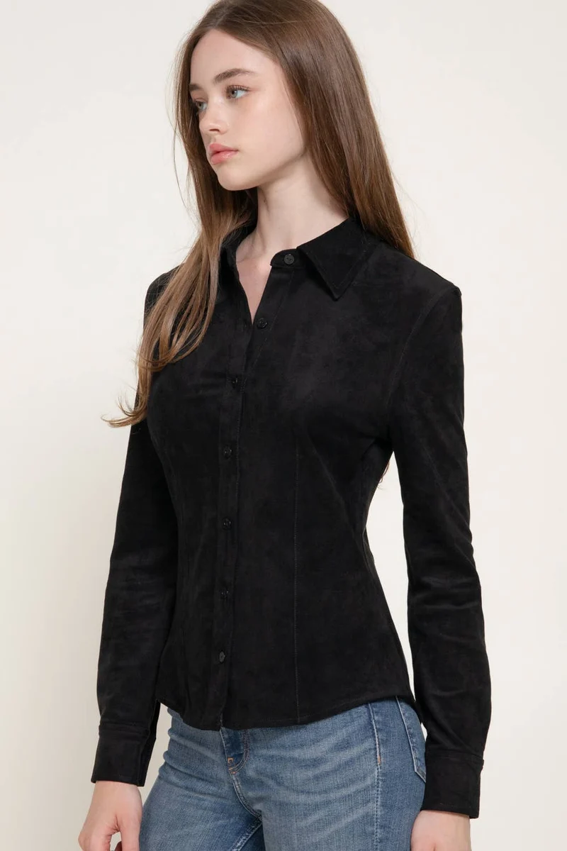 Long Sleeve Button Down Stretch Faux Suede Shirt: TPE-dark beige / L