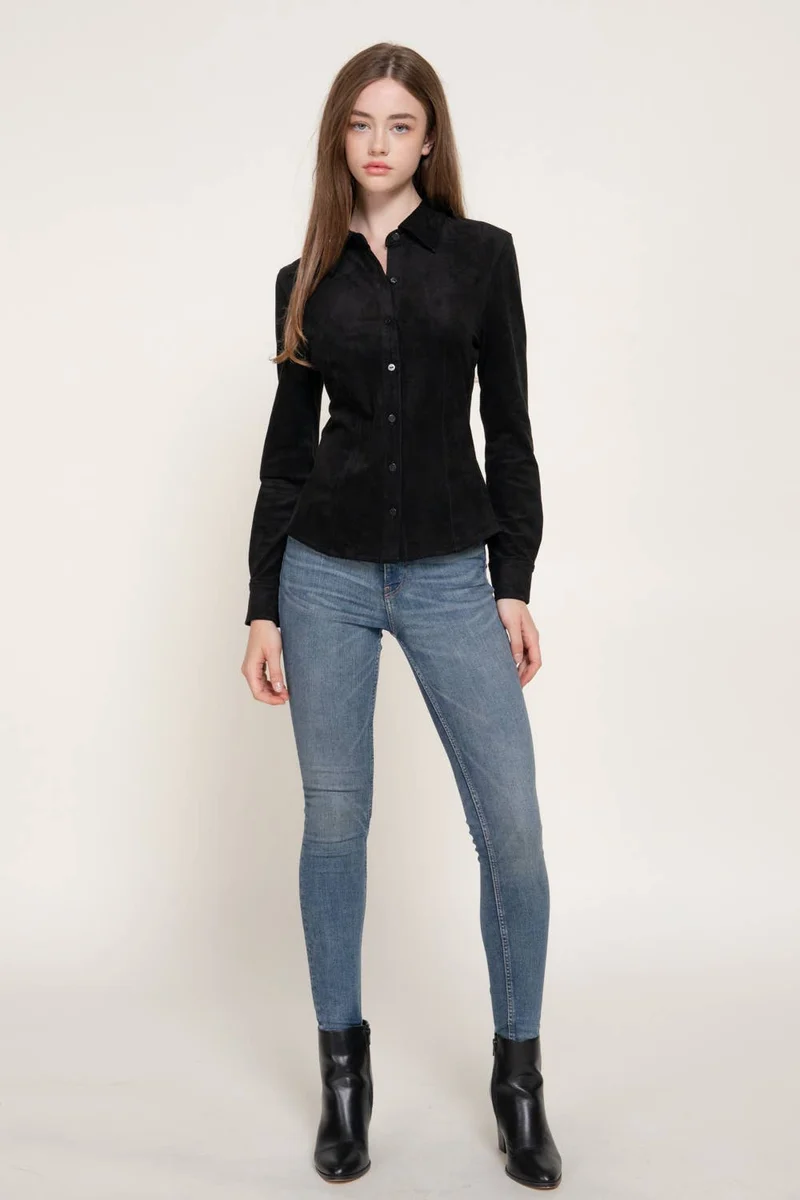 Long Sleeve Button Down Stretch Faux Suede Shirt: TPE-dark beige / L