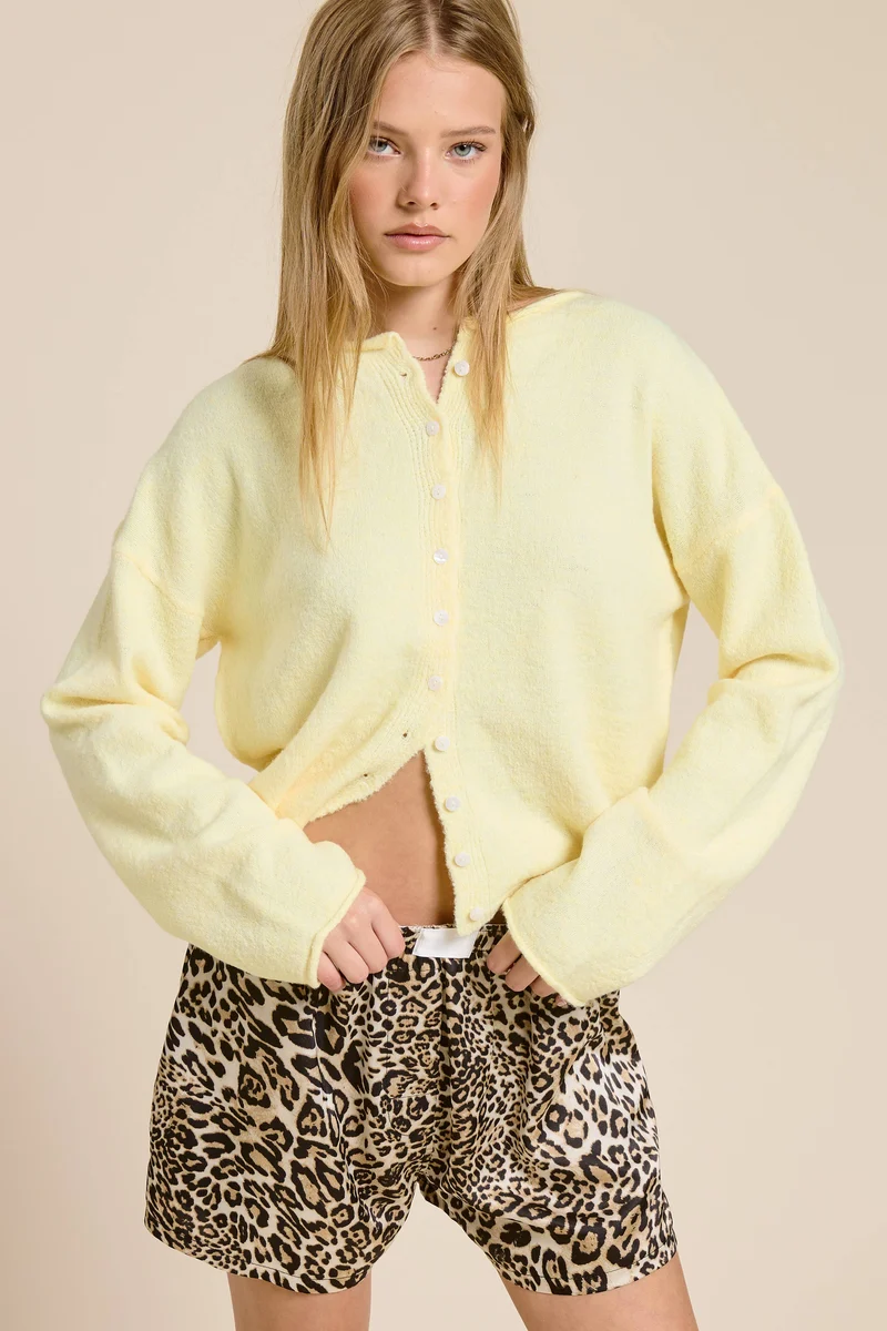 Essential Button Down Cardigan Top: Light Grey / L