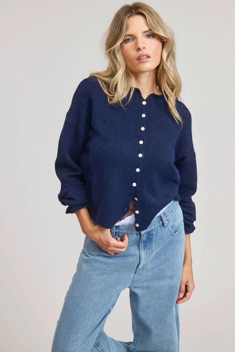Essential Button Down Cardigan Top: Light Grey / L