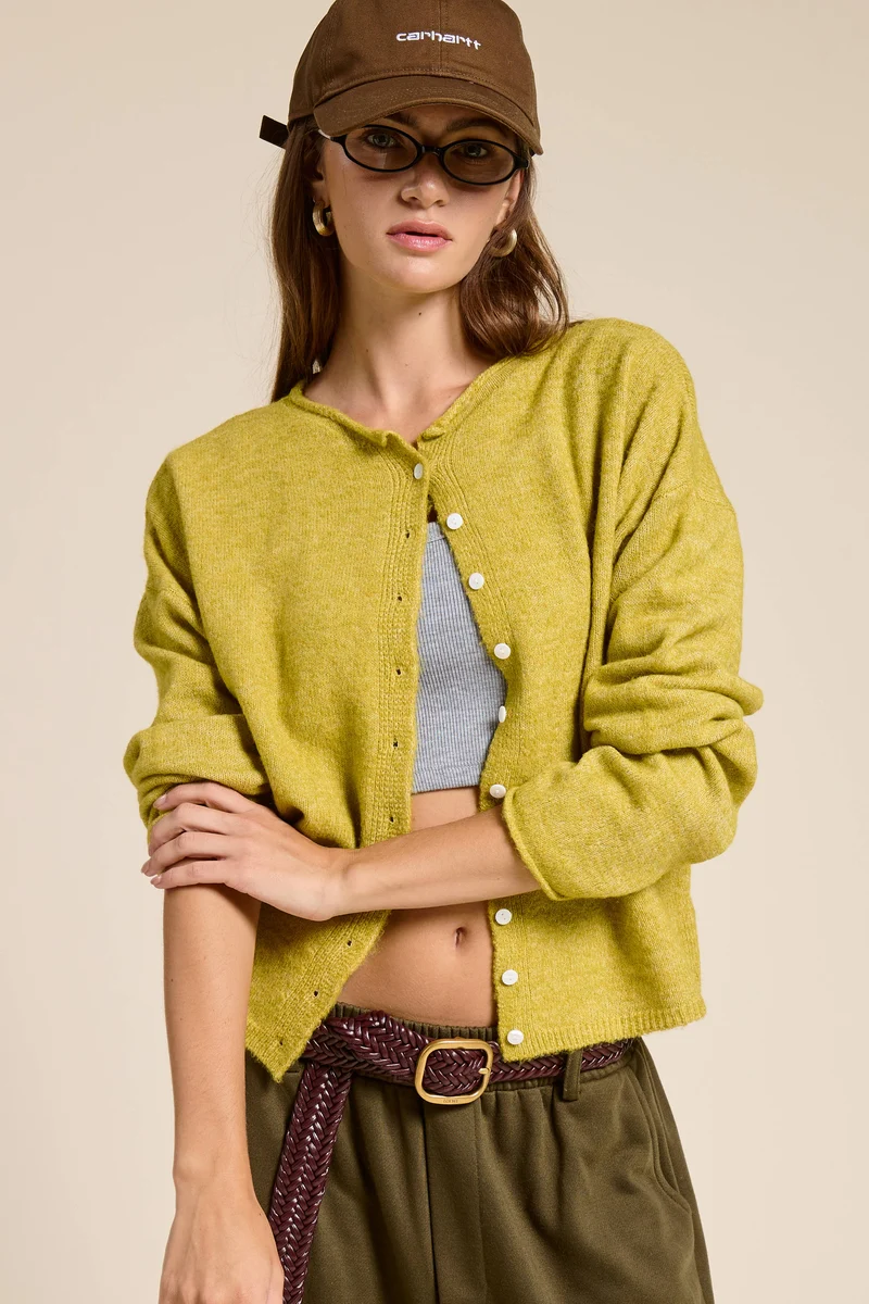 Essential Button Down Cardigan Top: Light Grey / L