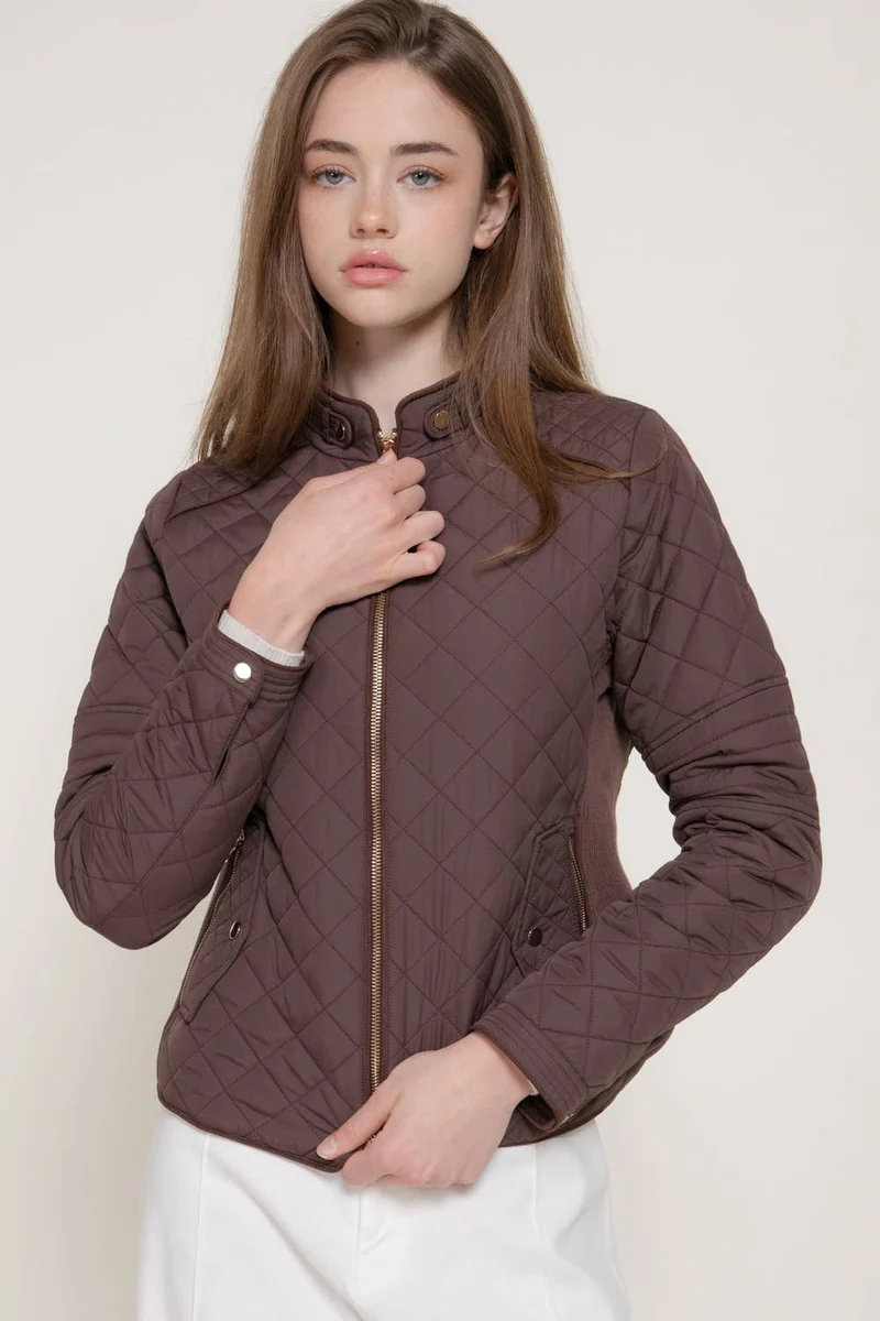 Suede Piping Detail Rib Quilted Padding Jacket