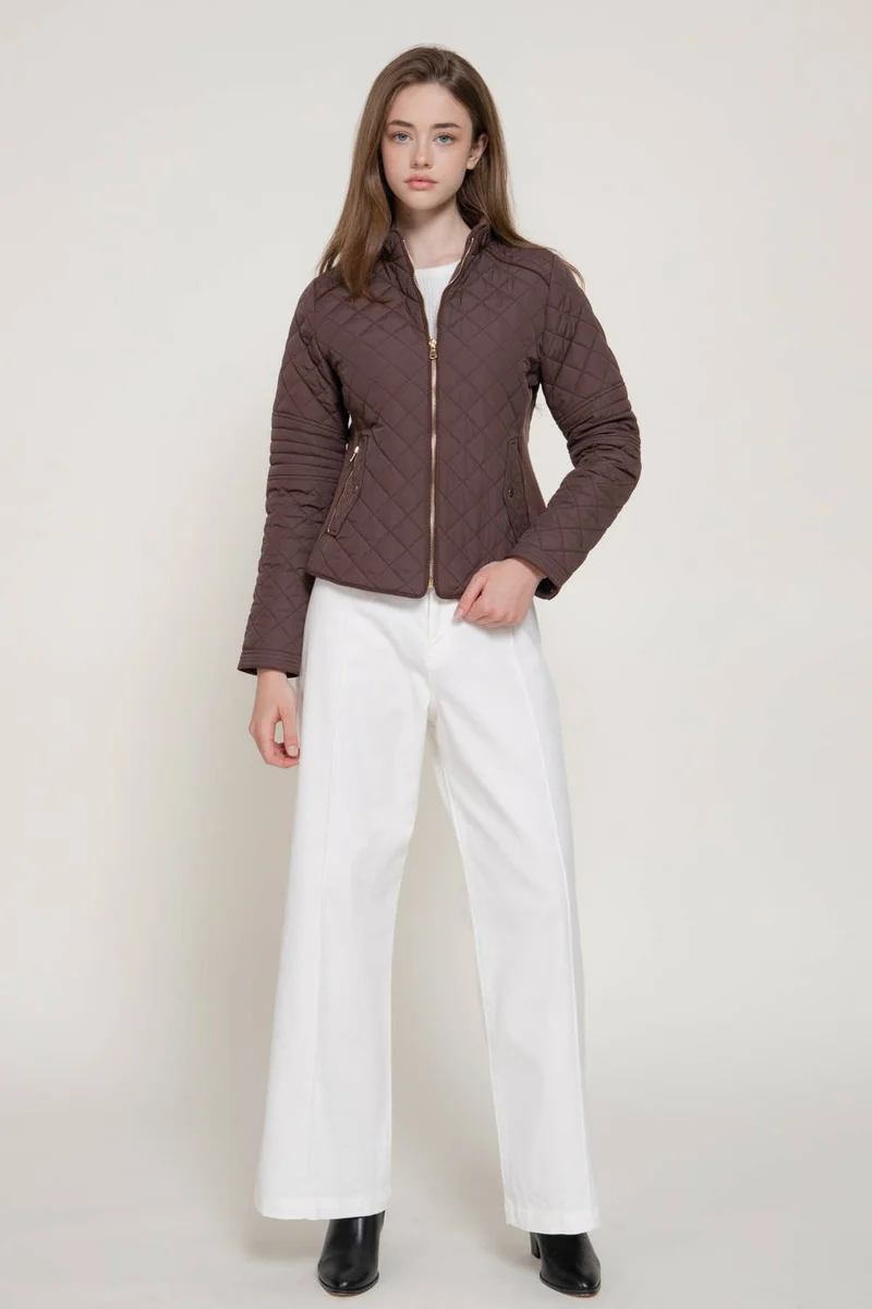 Suede Piping Detail Rib Quilted Padding Jacket