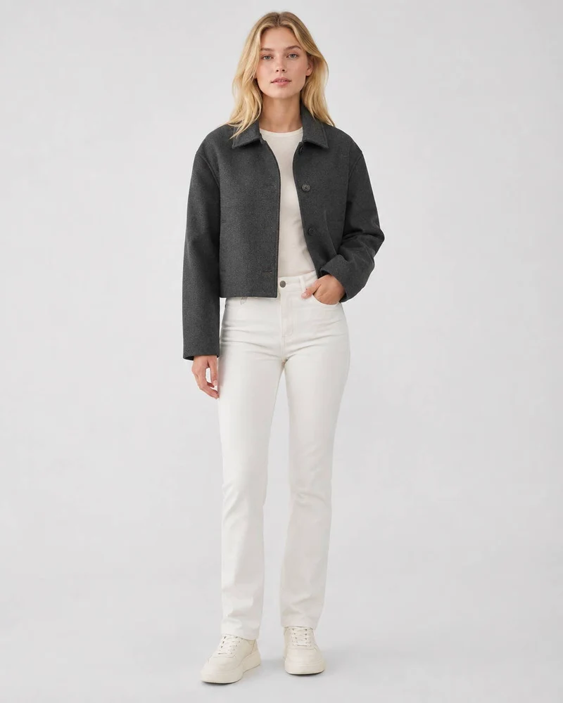 Women's Button Front Cropped Woolen Jacket: Gray / L