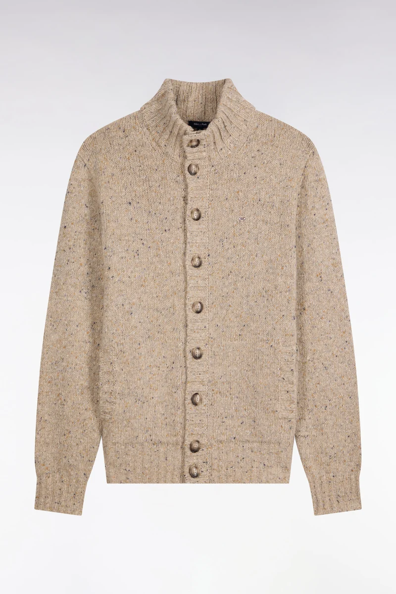 Cardigan boutonné en maille épaisse chinée écru coupe droite