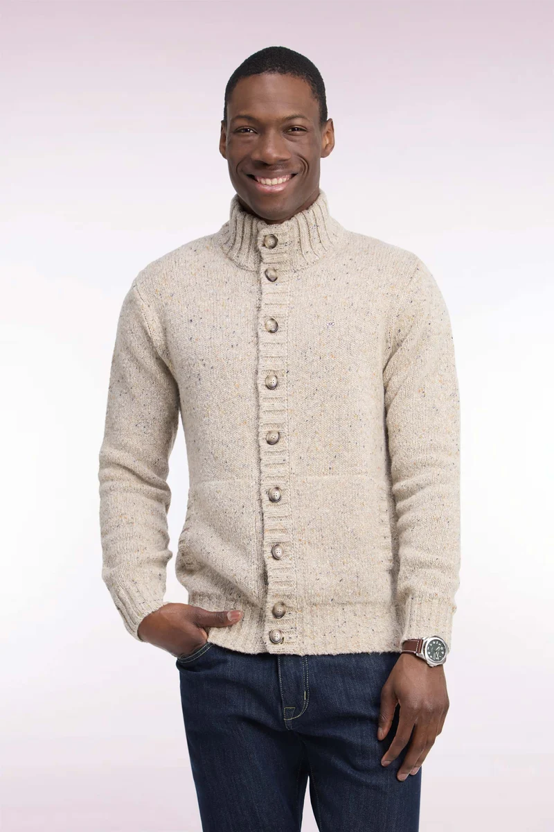Cardigan boutonné en maille épaisse chinée écru coupe droite