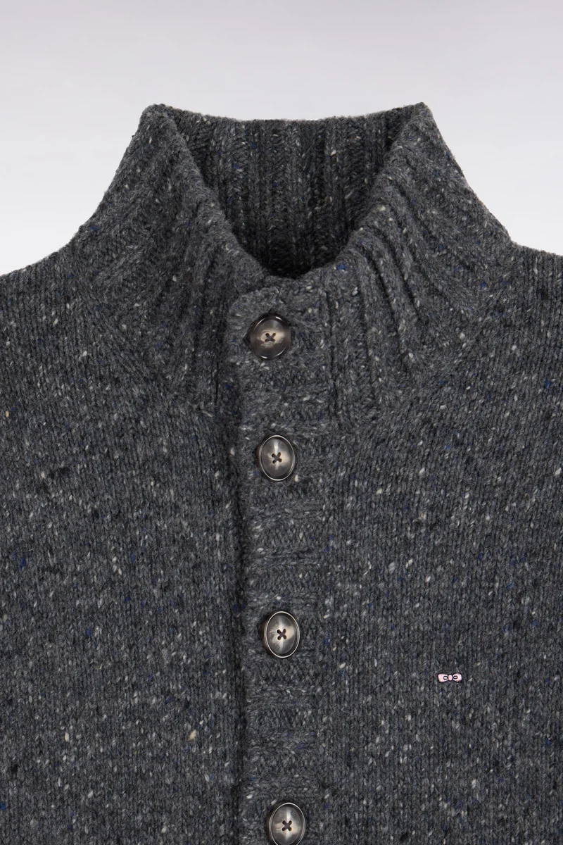 Cardigan boutonné en maille épaisse chinée gris coupe droite