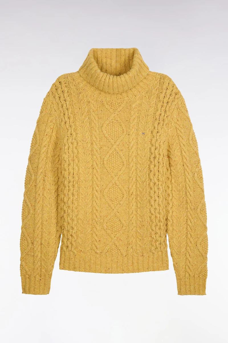 Pull à col roulé en maille torsadée jaune coupe droite