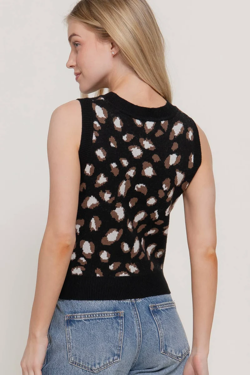 Sleeveless Round Neck Leopard Jacquard Sweater Top: TPE-taupe/brown / L