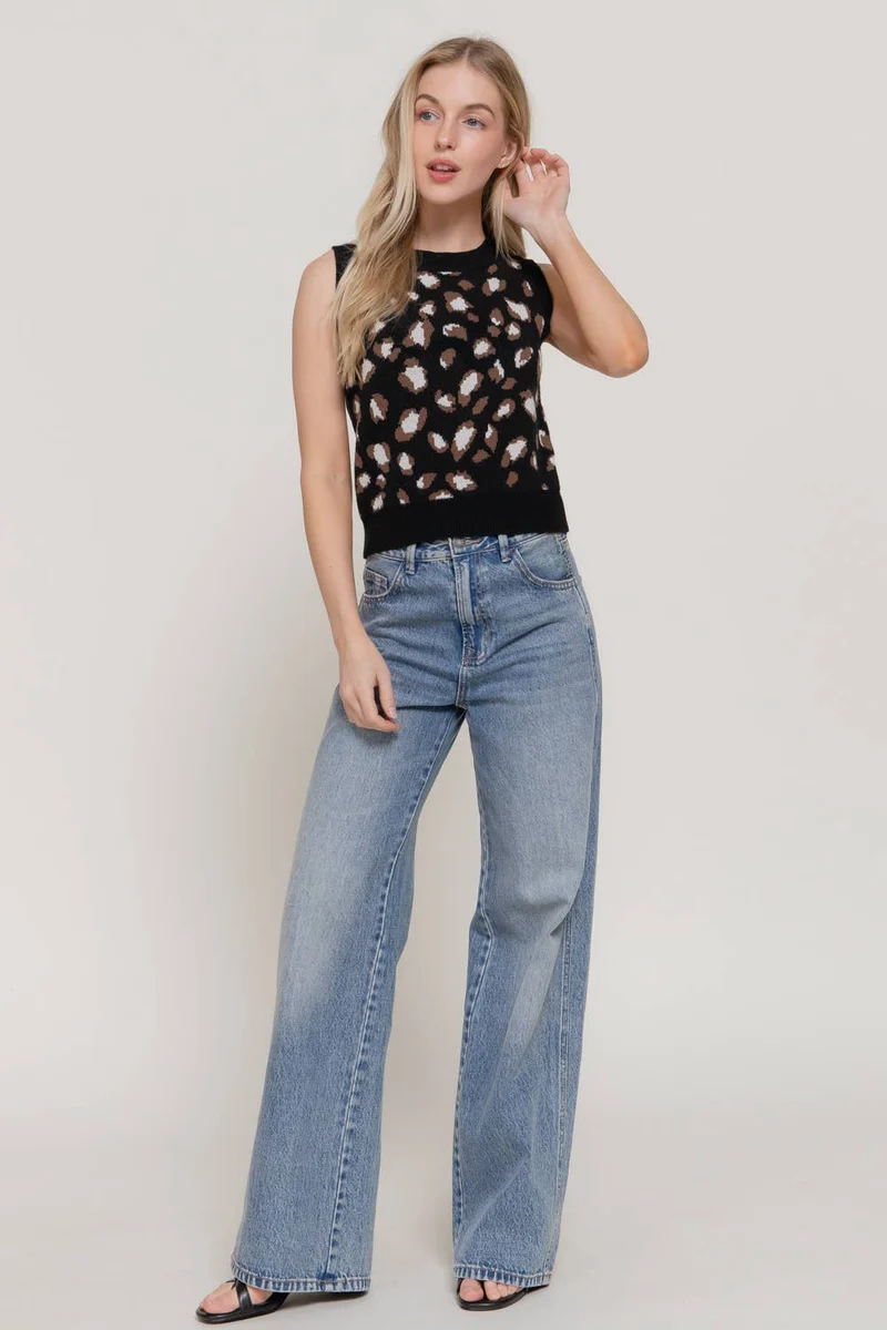 Sleeveless Round Neck Leopard Jacquard Sweater Top: TPE-taupe/brown / L