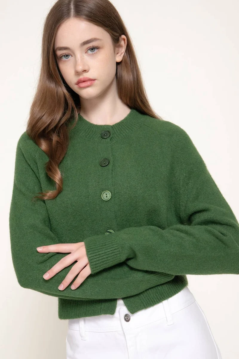 Long Sleeve Round Neck Button Down Sweater Cardigan: GRN-dark green / L