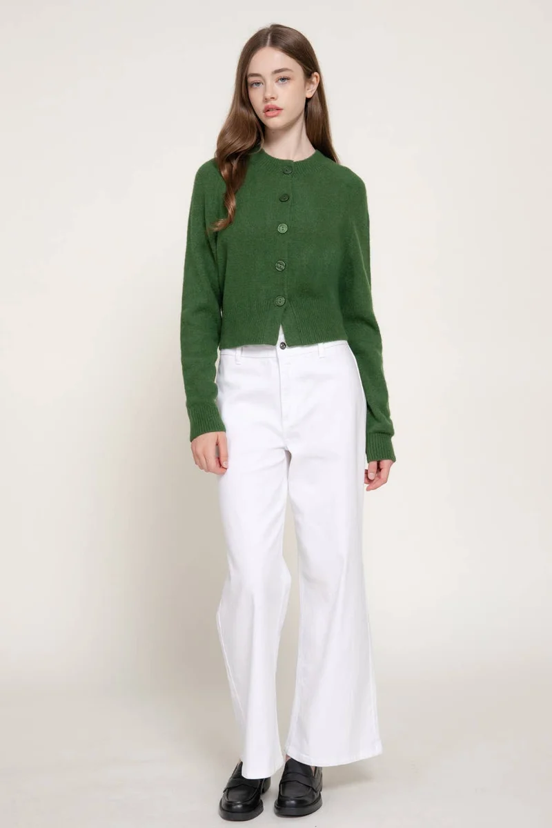 Long Sleeve Round Neck Button Down Sweater Cardigan: GRN-dark green / L