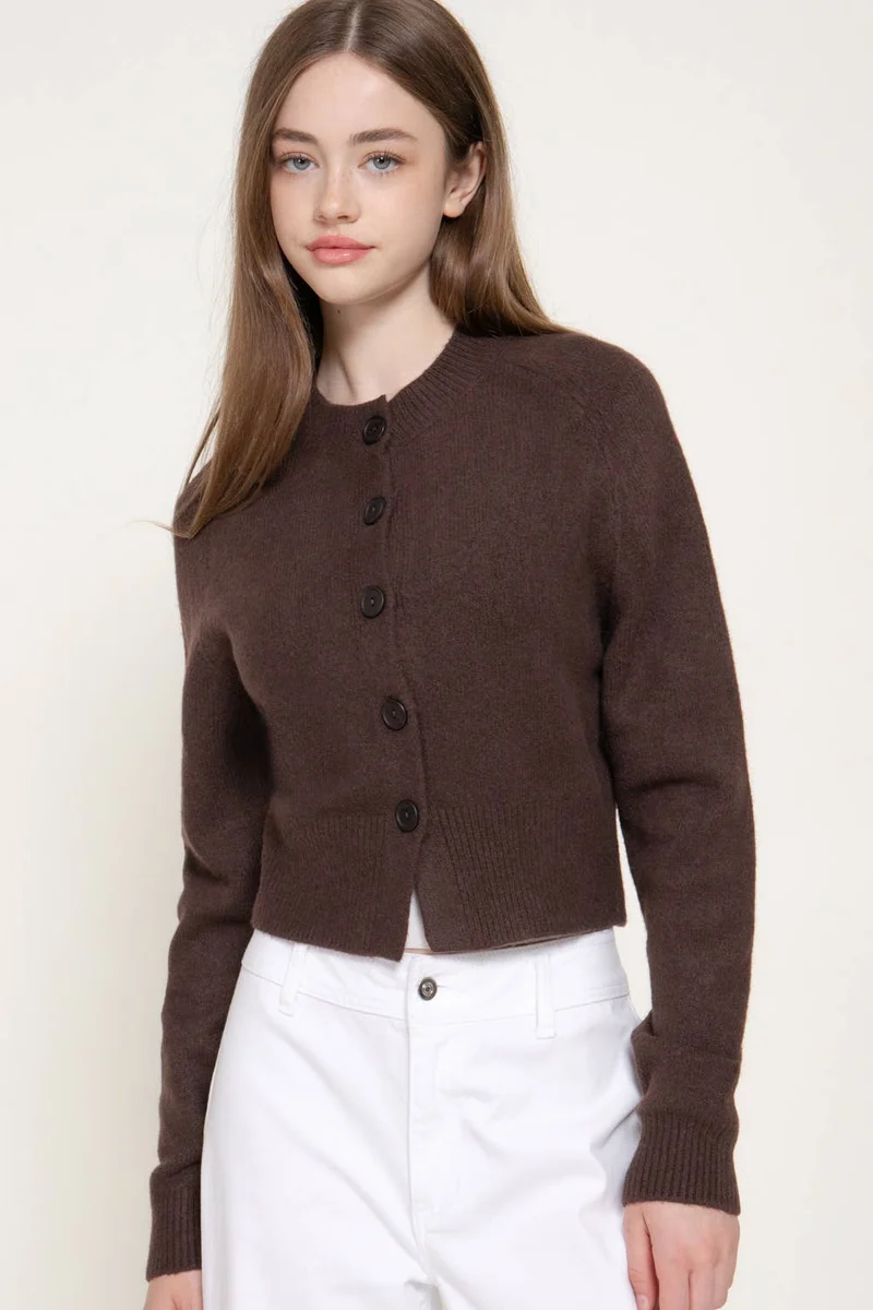 Long Sleeve Round Neck Button Down Sweater Cardigan: GRN-dark green / L