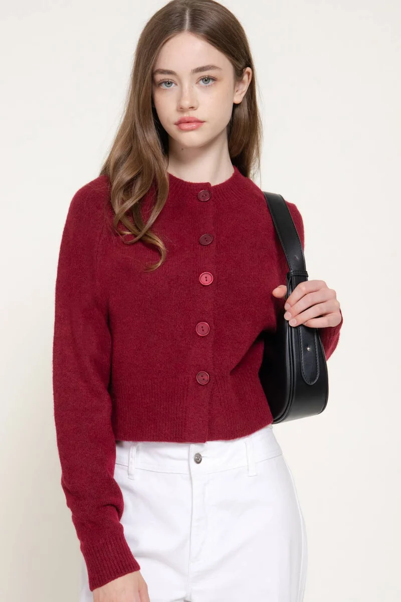 Long Sleeve Round Neck Button Down Sweater Cardigan: GRN-dark green / L