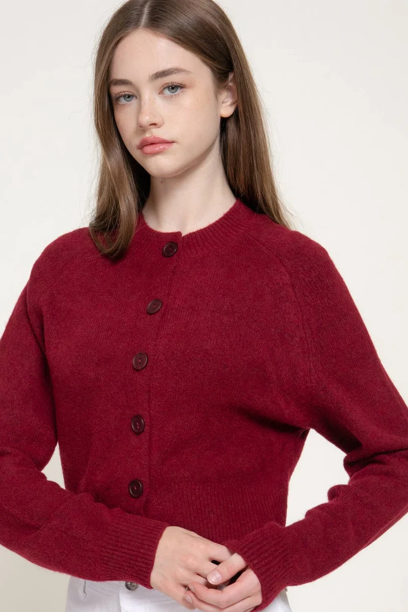 Long Sleeve Round Neck Button Down Sweater Cardigan: GRN-dark green / L