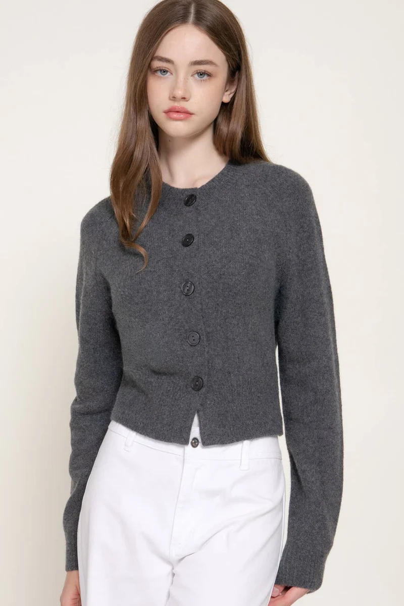 Long Sleeve Round Neck Button Down Sweater Cardigan: GRN-dark green / L