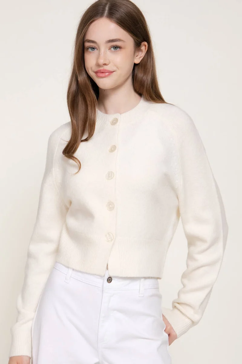Long Sleeve Round Neck Button Down Sweater Cardigan: GRN-dark green / L