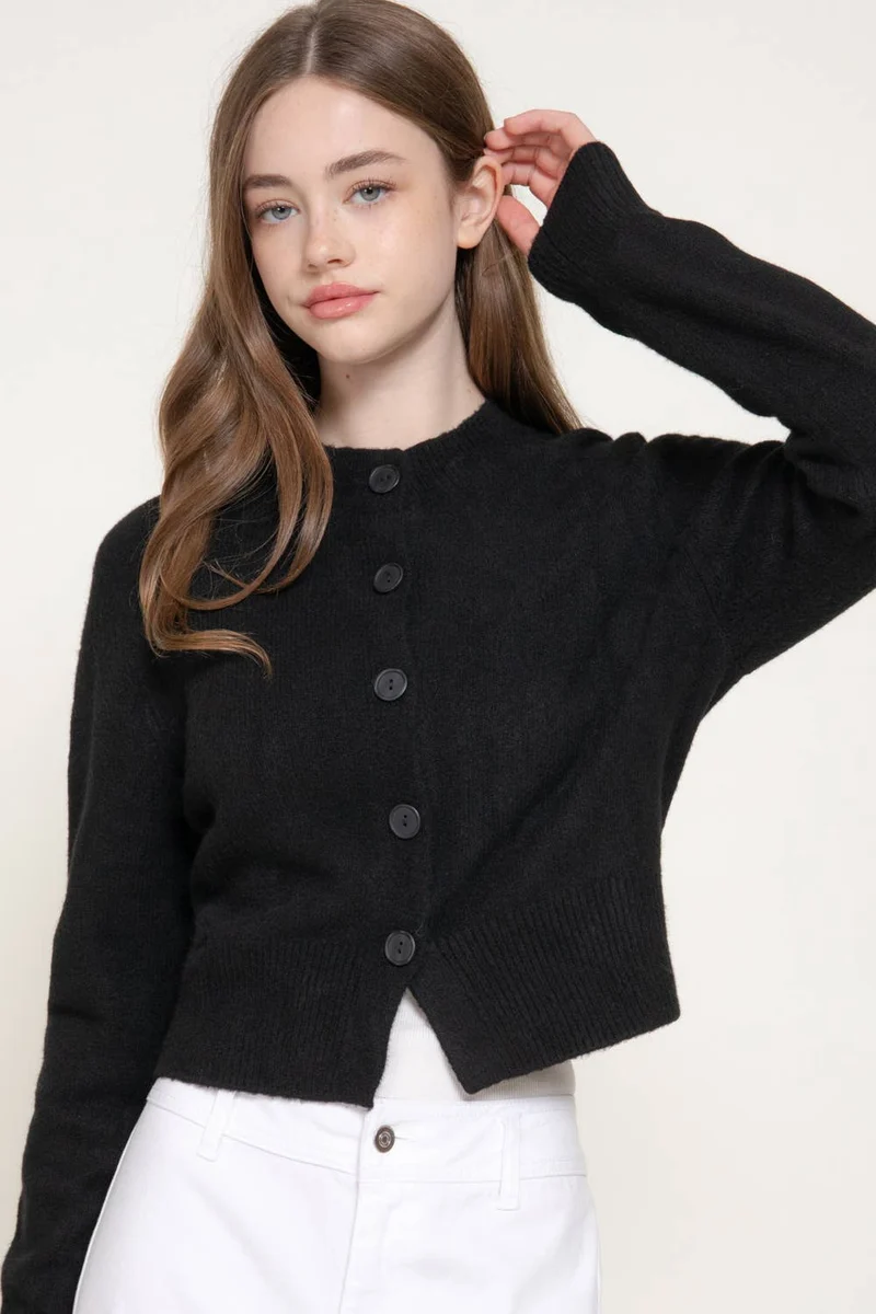 Long Sleeve Round Neck Button Down Sweater Cardigan: GRN-dark green / L