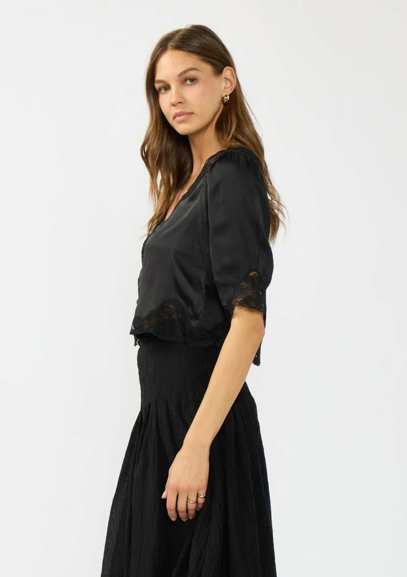 V-Neck Button Front Blouse with Lace Trim