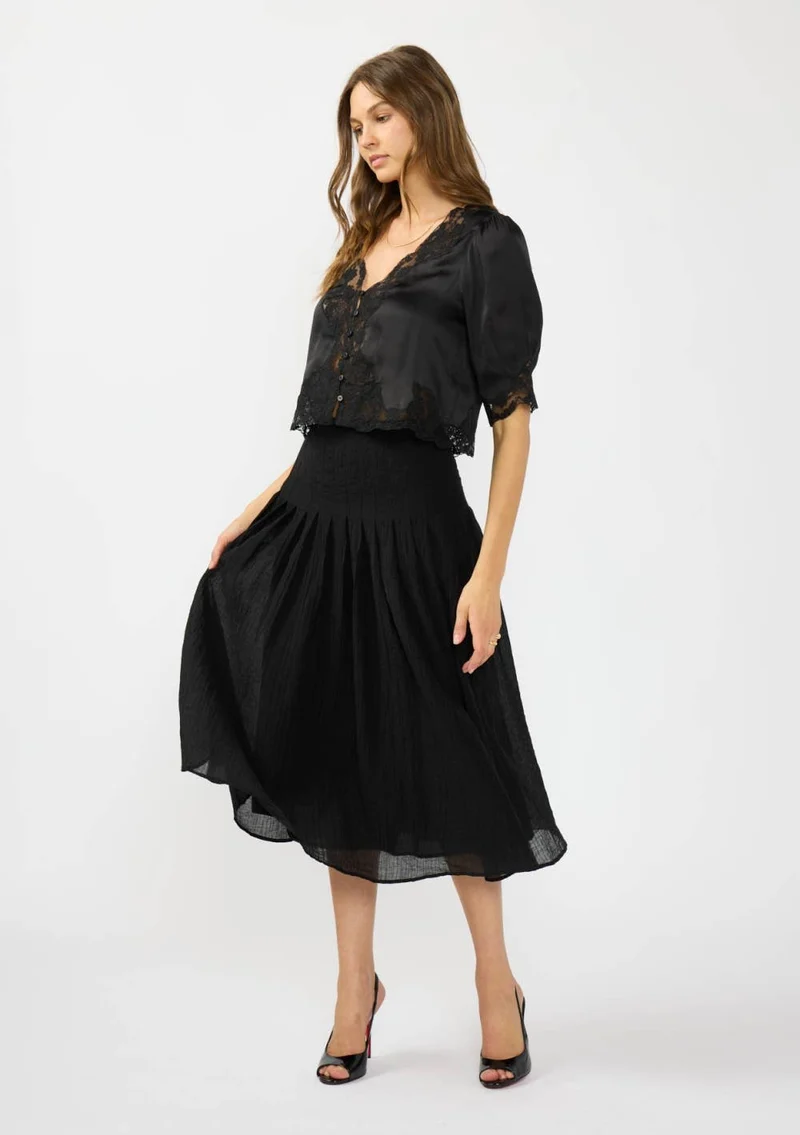 V-Neck Button Front Blouse with Lace Trim
