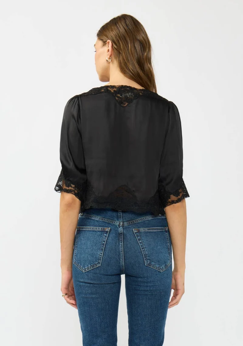 V-Neck Button Front Blouse with Lace Trim