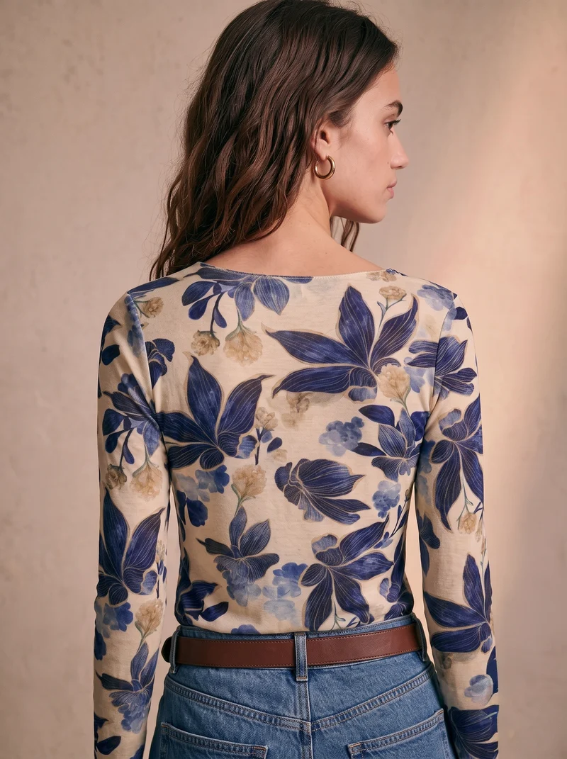 Top ajusté imprimé floral col rond - Sonia