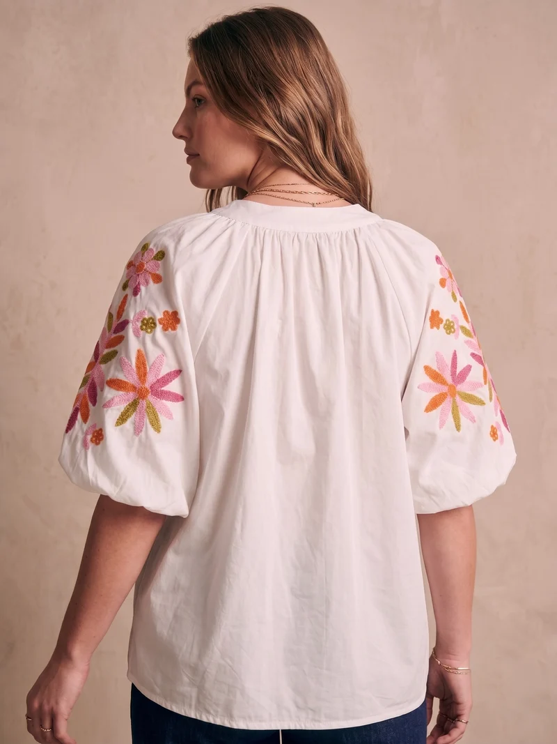 Curve - Blouse coton broderie florale col V manches courtes - Paola