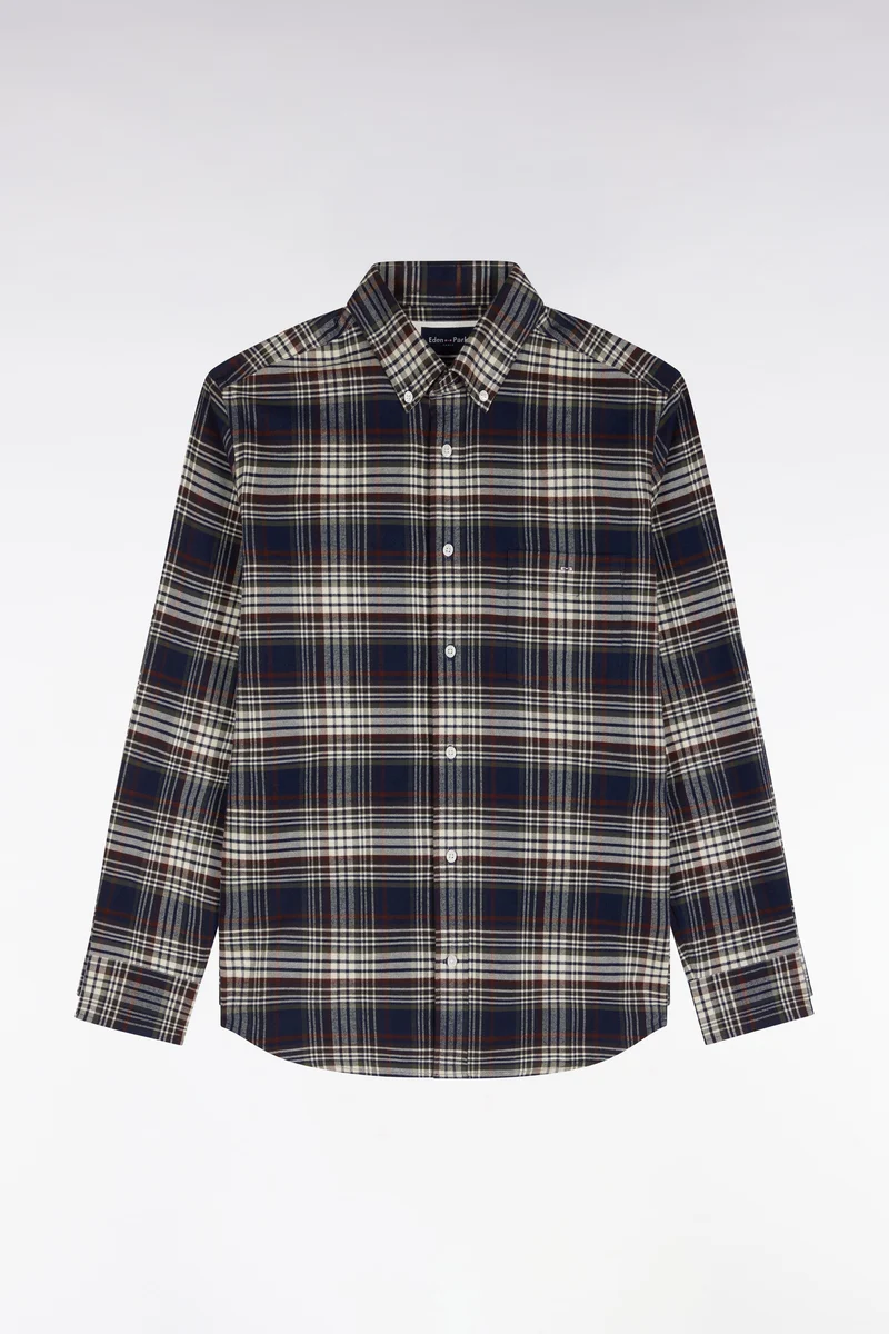 Chemise en flanelle de coton marine à carreaux coupe droite