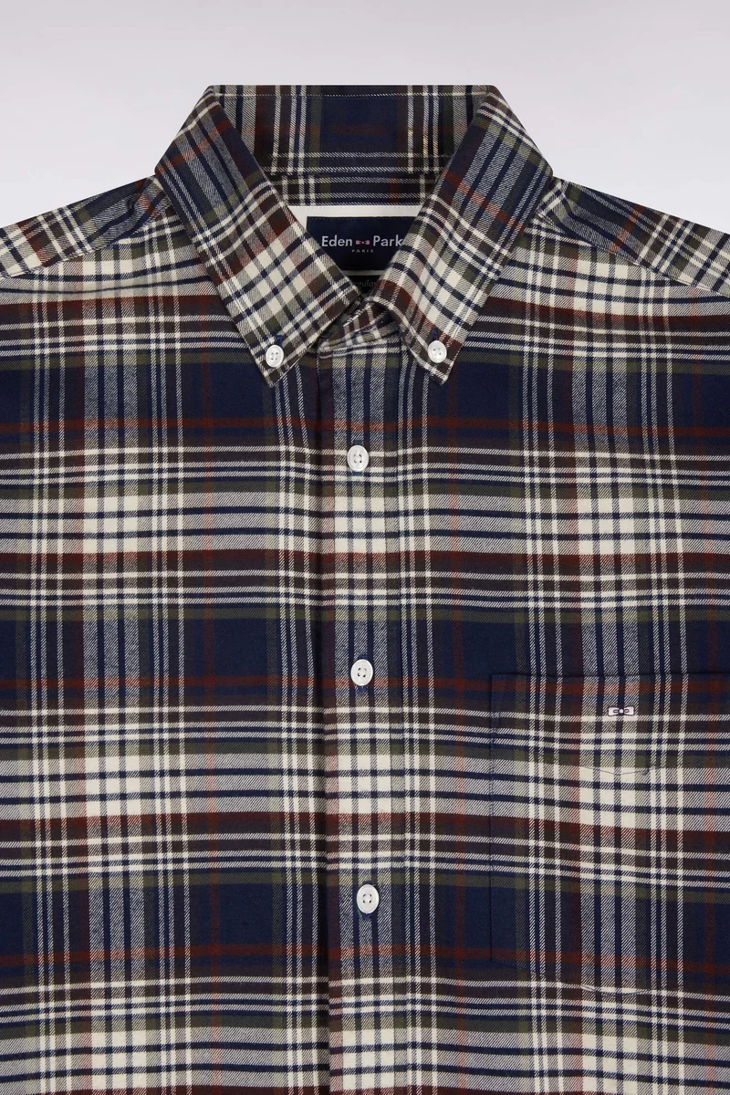 Chemise en flanelle de coton marine à carreaux coupe droite