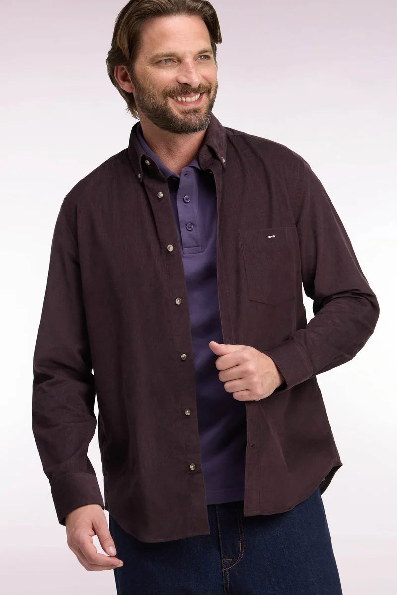Chemise en coton côtelé chocolat coupe droite