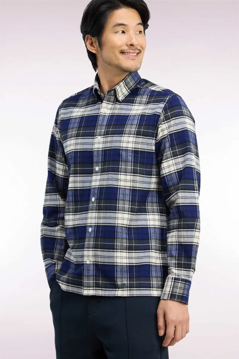 Chemise à carreaux en coton vert et marine coupe droite