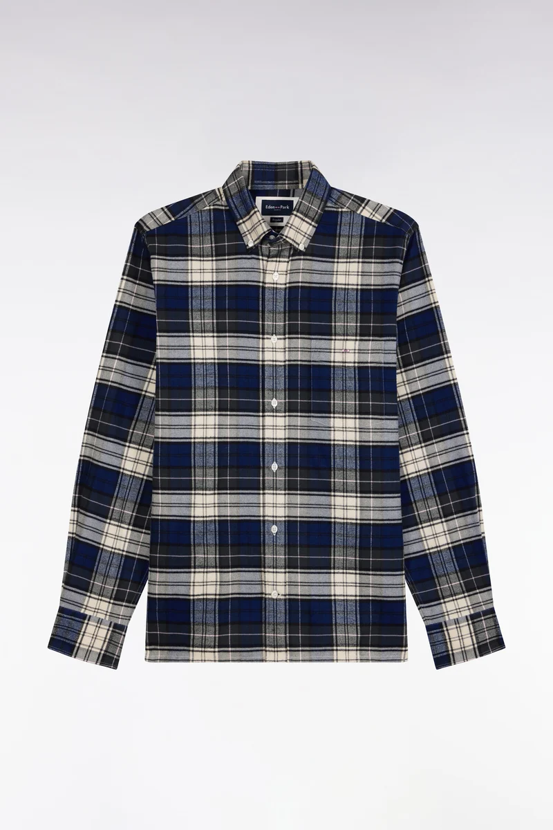 Chemise à carreaux en coton vert et marine coupe droite