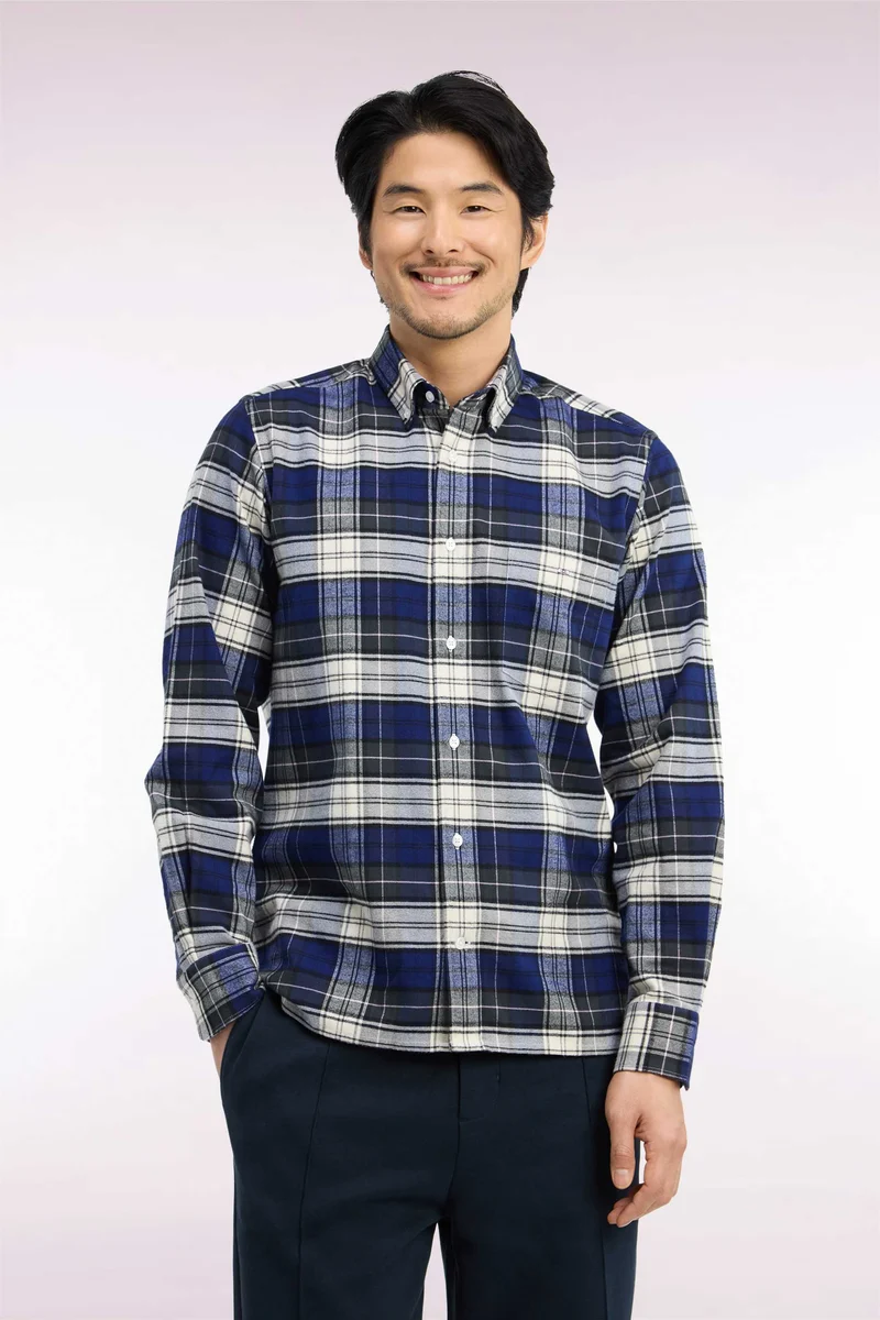Chemise à carreaux en coton vert et marine coupe droite