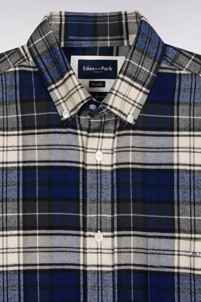 Chemise à carreaux en coton vert et marine coupe droite