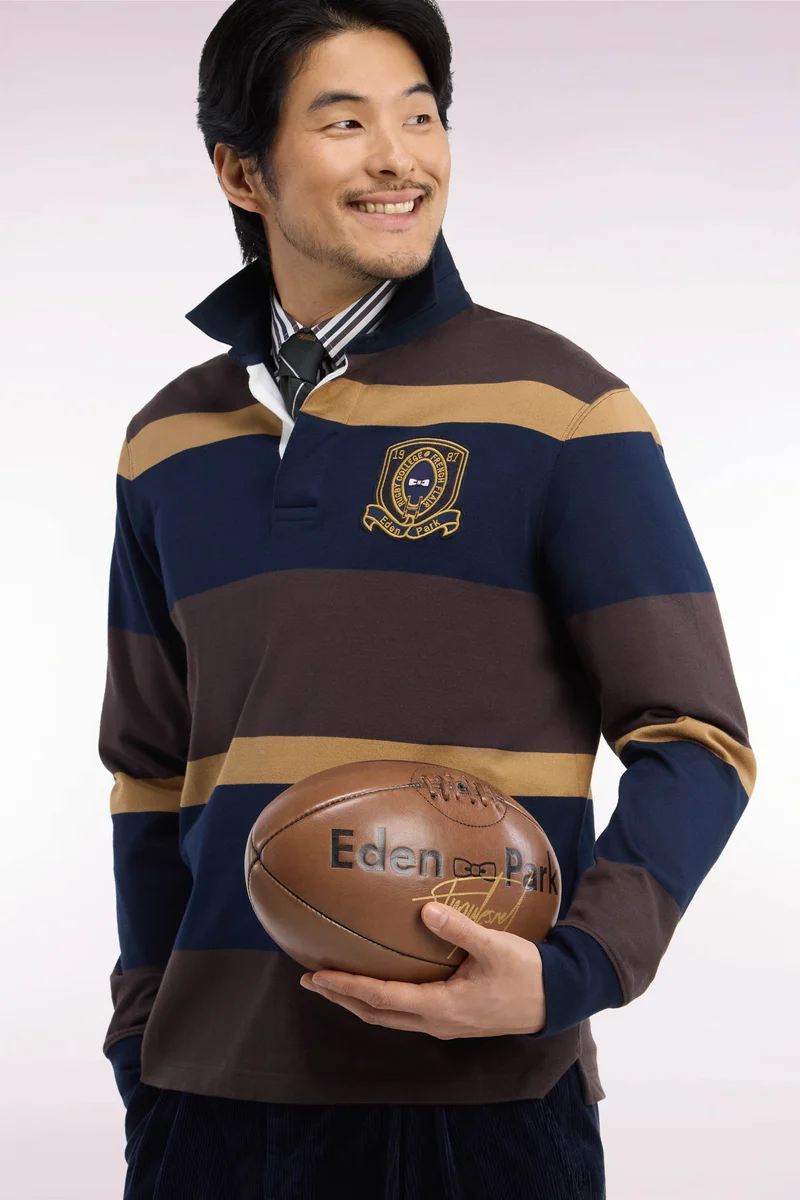 Maillot manches longues rayé marron avec broderie écusson