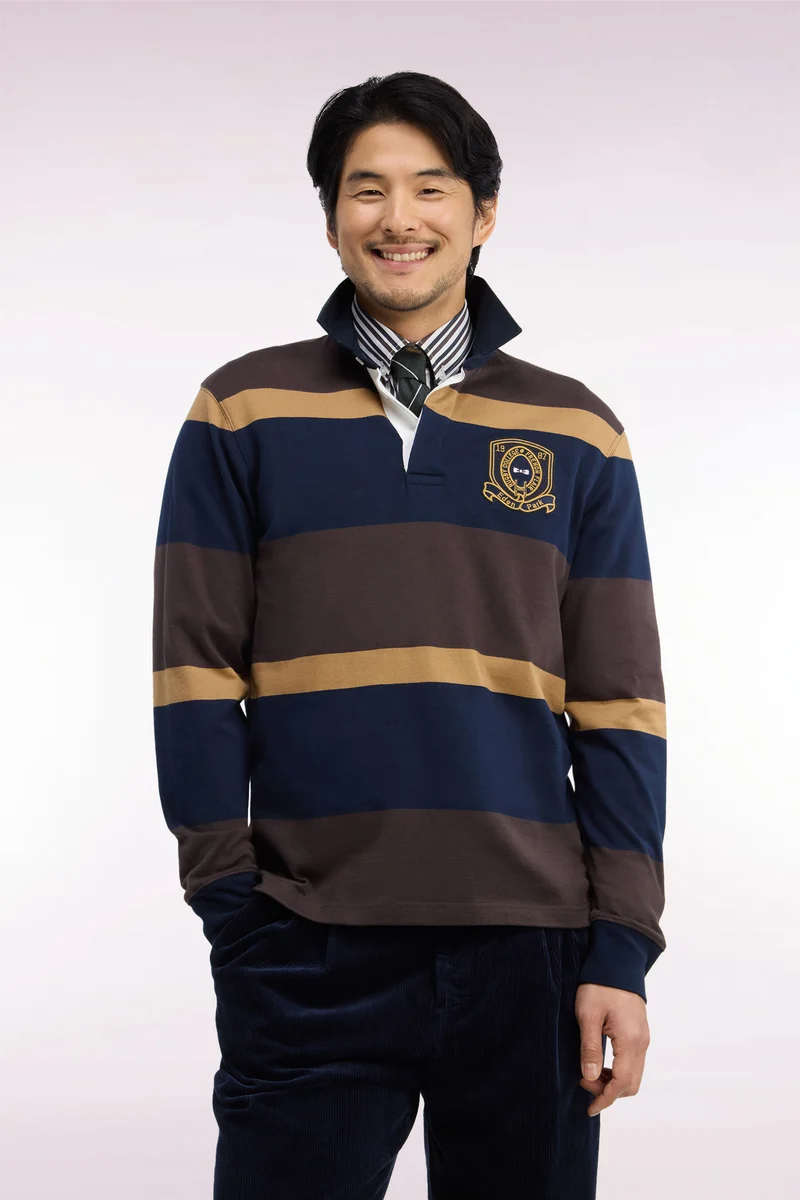Maillot manches longues rayé marron avec broderie écusson