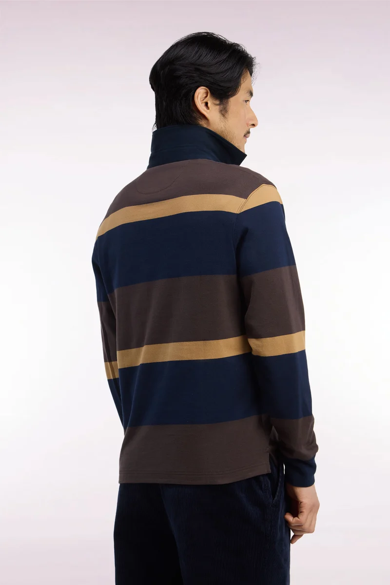 Maillot manches longues rayé marron avec broderie écusson