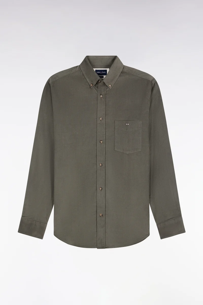Chemise en coton côtelé vert olive coupe droite