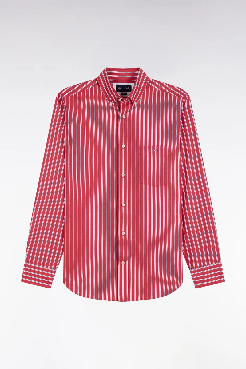 Chemise en coton rouge à rayures écrues coupe droite