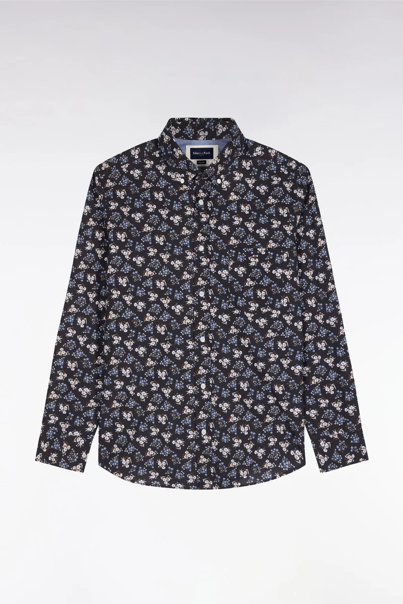 Chemise en coton marron à micromotifs fleurs coupe droite