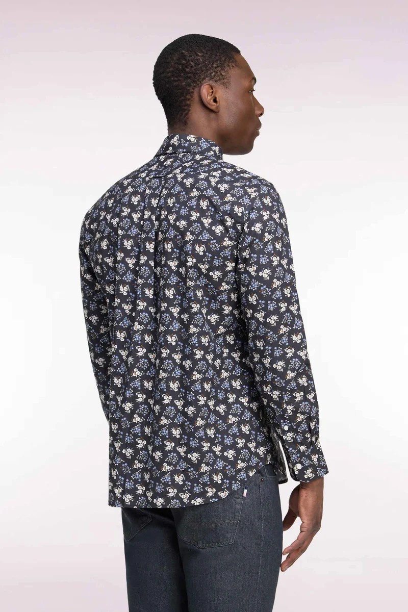Chemise en coton marron à micromotifs fleurs coupe droite
