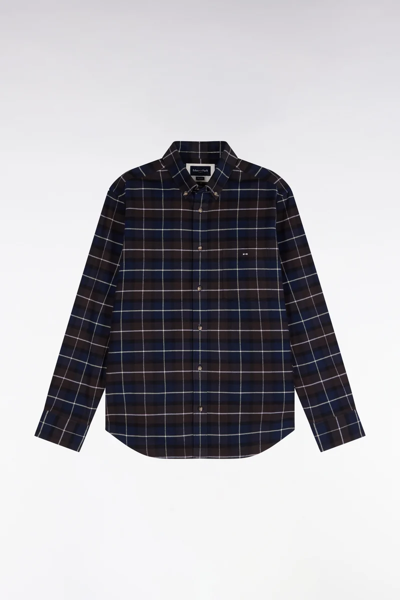 Chemise en flanelle de coton marron à carreaux coupe droite