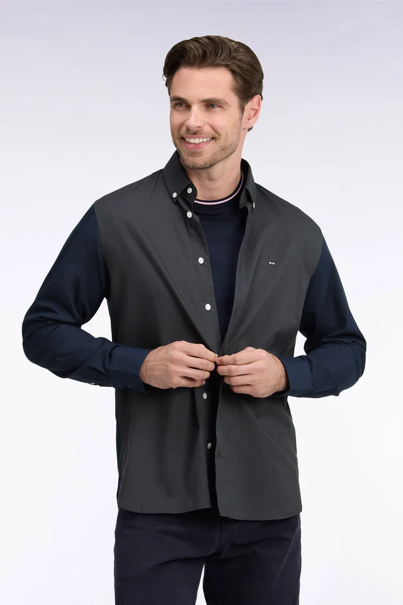 Chemise bicolore en coton oxford kaki patch dos coupe droite