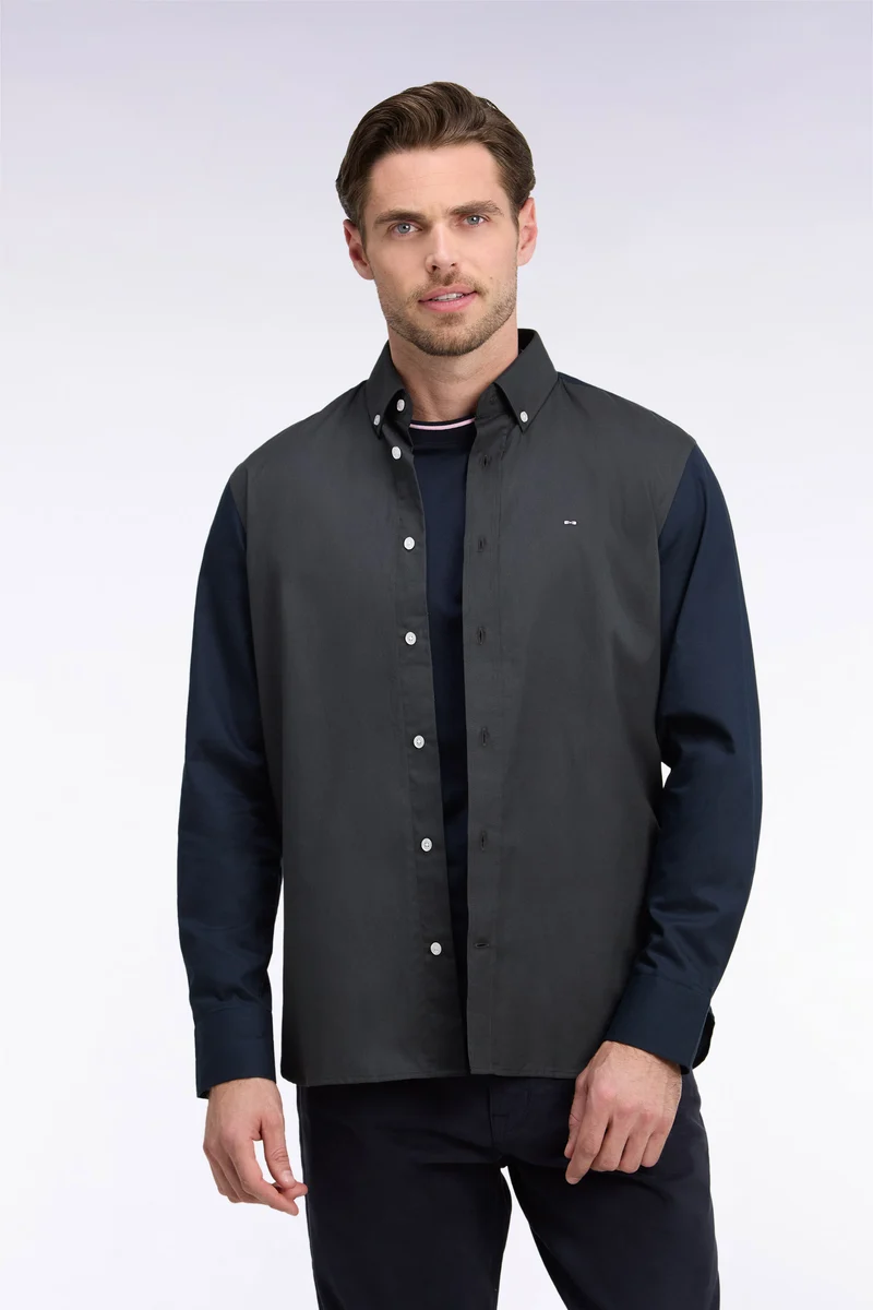 Chemise bicolore en coton oxford kaki patch dos coupe droite